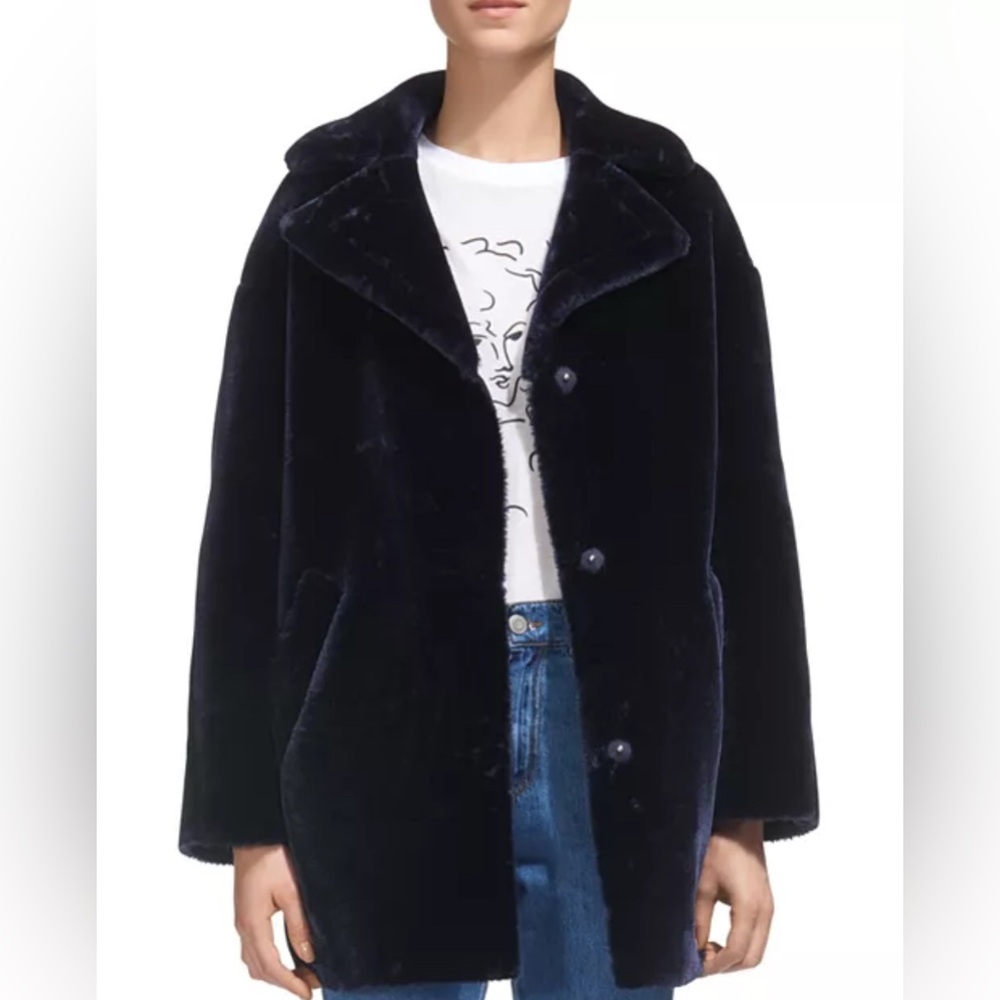 Whistles Yara Faux-Fur Teddy Cocoon Coat in Navy - Small